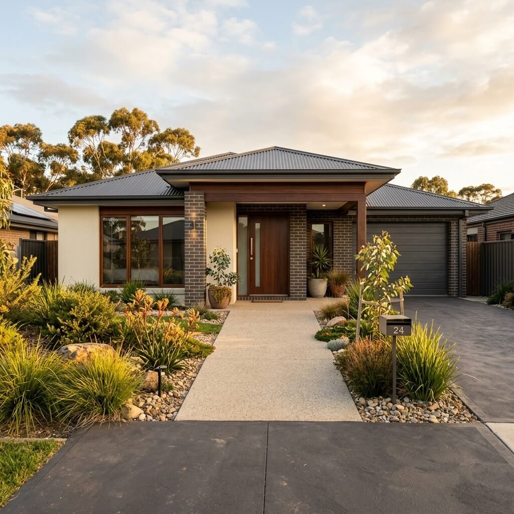 Accessible single-storey home exterior with a wide level entry path, in warm evening light