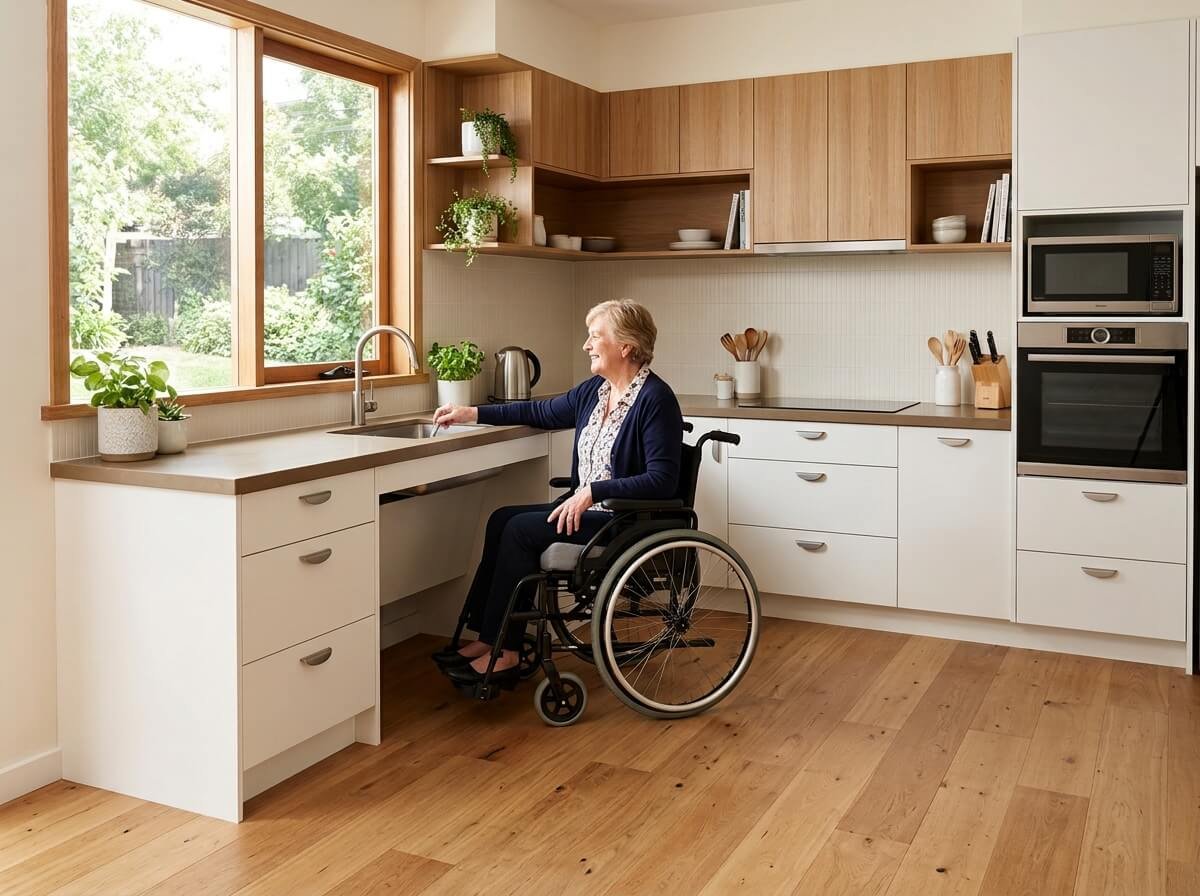 Accessible kitchen with lowered benchtop and under-bench clearance